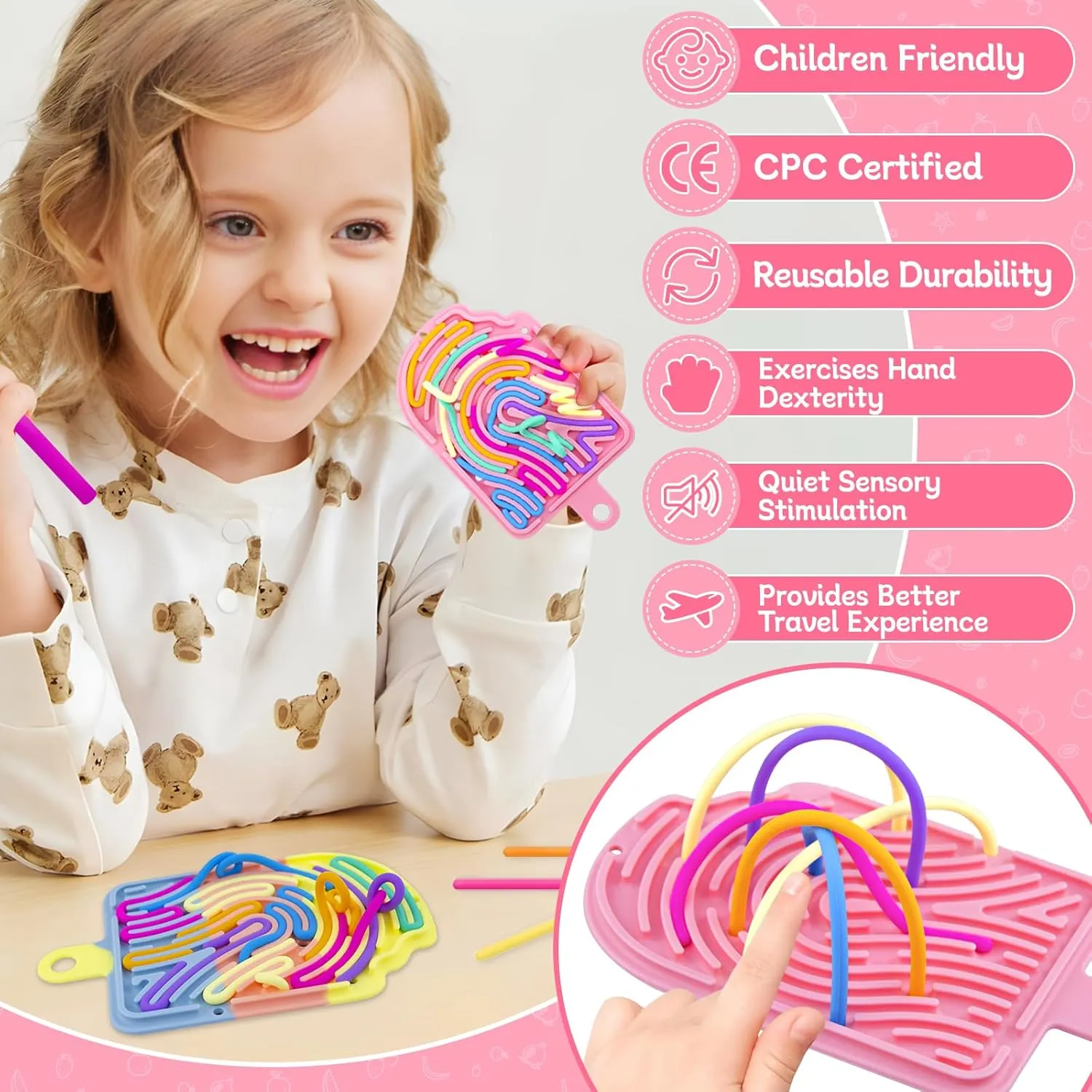 Sensory Activity Board Fidget Toys,Busy Board for Stress Relief,Anxiety,ADHD and Calm Down,Autism Sensory Products for Kids 3  & Adults,Fidgets Pad |Portable Travel Bag| 24 Strings (2 Pcs Popsicle)