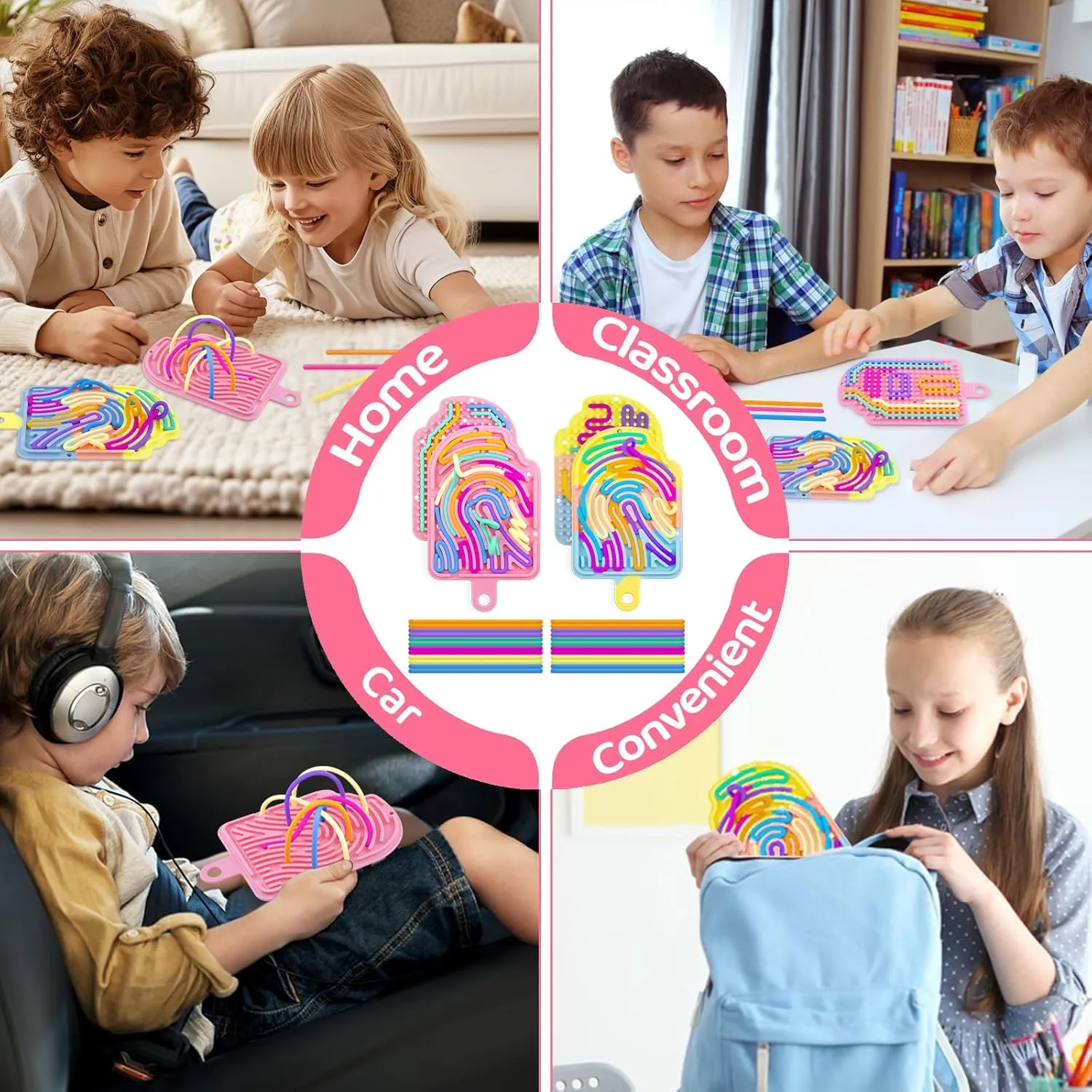 Sensory Activity Board Fidget Toys,Busy Board for Stress Relief,Anxiety,ADHD and Calm Down,Autism Sensory Products for Kids 3  & Adults,Fidgets Pad |Portable Travel Bag| 24 Strings (2 Pcs Popsicle)