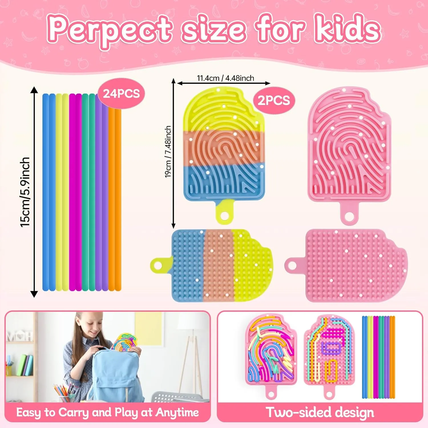 Sensory Activity Board Fidget Toys,Busy Board for Stress Relief,Anxiety,ADHD and Calm Down,Autism Sensory Products for Kids 3  & Adults,Fidgets Pad |Portable Travel Bag| 24 Strings (2 Pcs Popsicle)