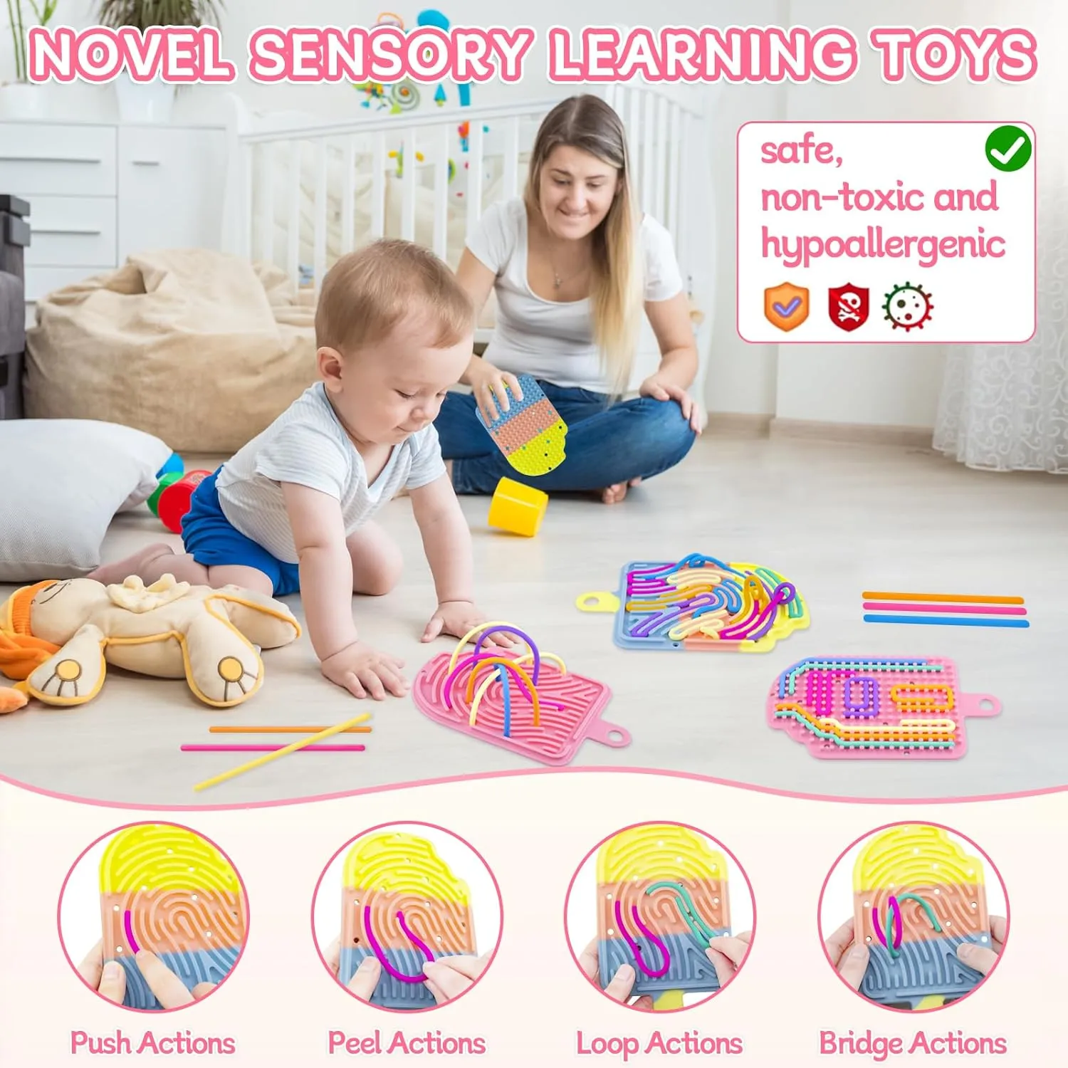 Sensory Activity Board Fidget Toys,Busy Board for Stress Relief,Anxiety,ADHD and Calm Down,Autism Sensory Products for Kids 3  & Adults,Fidgets Pad |Portable Travel Bag| 24 Strings (2 Pcs Popsicle)