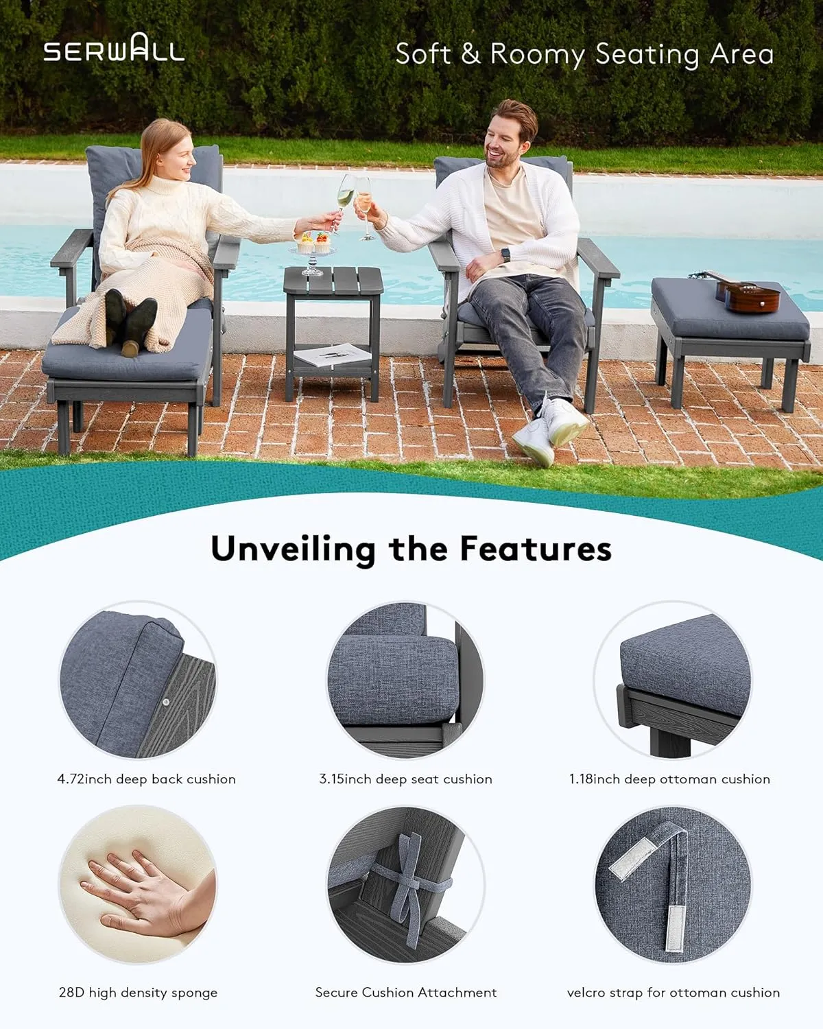 SERWALL Adirondack Chair with Cushion and Ottoman -All Weather HDPE Outdoor Adirondack Chair Set, Durable Adirondack Patio Chairs for Garden, Deck, or Poolside- Grey