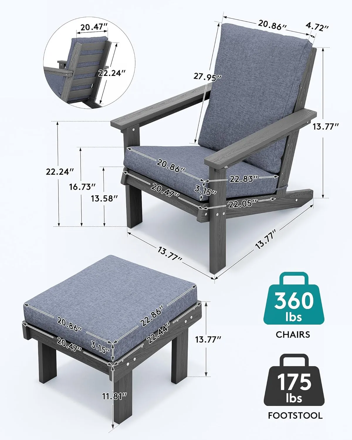 SERWALL Adirondack Chair with Cushion and Ottoman -All Weather HDPE Outdoor Adirondack Chair Set, Durable Adirondack Patio Chairs for Garden, Deck, or Poolside- Grey