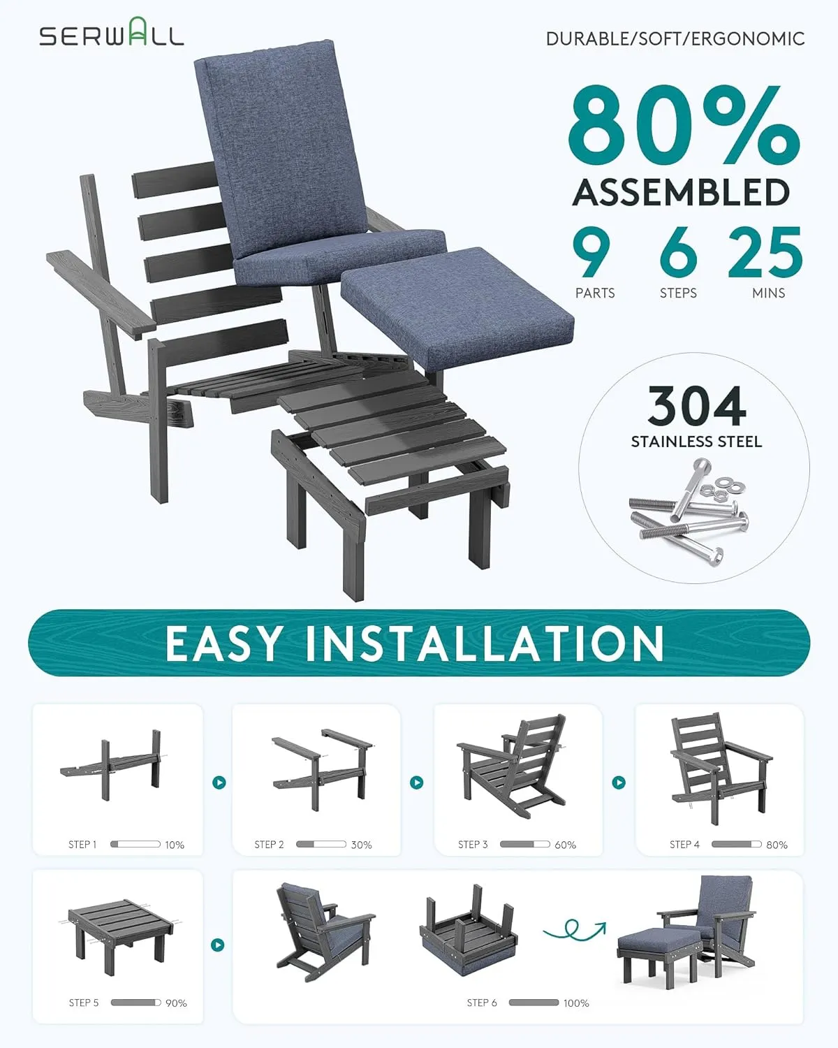 SERWALL Adirondack Chair with Cushion and Ottoman -All Weather HDPE Outdoor Adirondack Chair Set, Durable Adirondack Patio Chairs for Garden, Deck, or Poolside- Grey