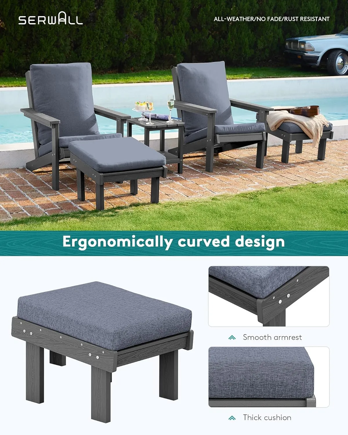 SERWALL Adirondack Chair with Cushion and Ottoman -All Weather HDPE Outdoor Adirondack Chair Set, Durable Adirondack Patio Chairs for Garden, Deck, or Poolside- Grey