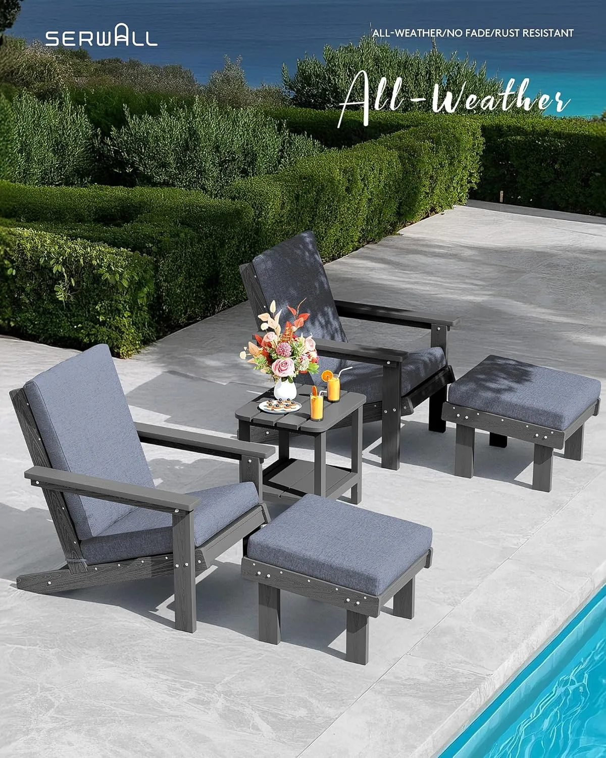 SERWALL Adirondack Chair with Cushion and Ottoman -All Weather HDPE Outdoor Adirondack Chair Set, Durable Adirondack Patio Chairs for Garden, Deck, or Poolside- Grey