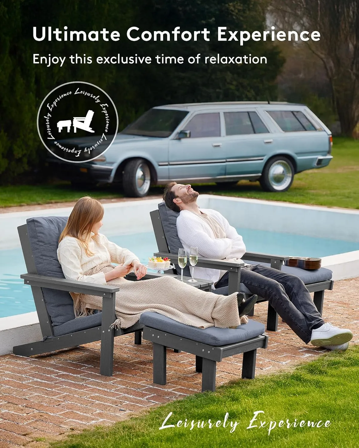 SERWALL Adirondack Chair with Cushion and Ottoman -All Weather HDPE Outdoor Adirondack Chair Set, Durable Adirondack Patio Chairs for Garden, Deck, or Poolside- Grey
