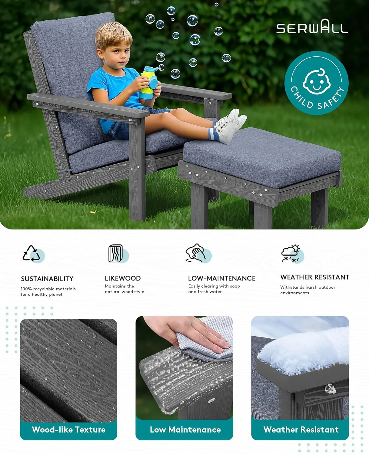SERWALL Adirondack Chair with Cushion and Ottoman -All Weather HDPE Outdoor Adirondack Chair Set, Durable Adirondack Patio Chairs for Garden, Deck, or Poolside- Grey