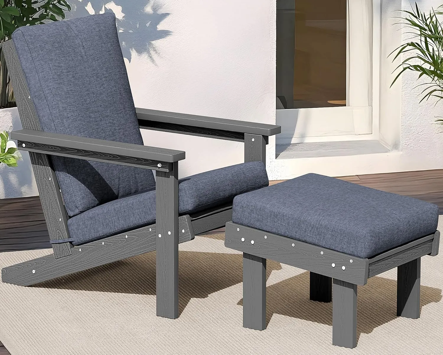 SERWALL Adirondack Chair with Cushion and Ottoman -All Weather HDPE Outdoor Adirondack Chair Set, Durable Adirondack Patio Chairs for Garden, Deck, or Poolside- Grey