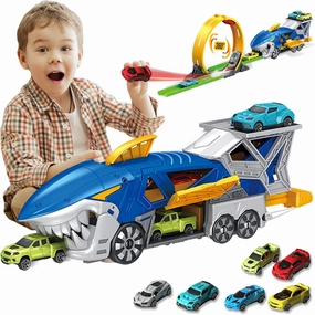 Shark Racing Car Playset with Carrier Truck, Loop Track & Launcher – 6 x 1:64 Scale Race Vehicles, STEM Toys for Kids 3-12, Quick Assemble, Durable ABS Plastic (ASTM Certified)