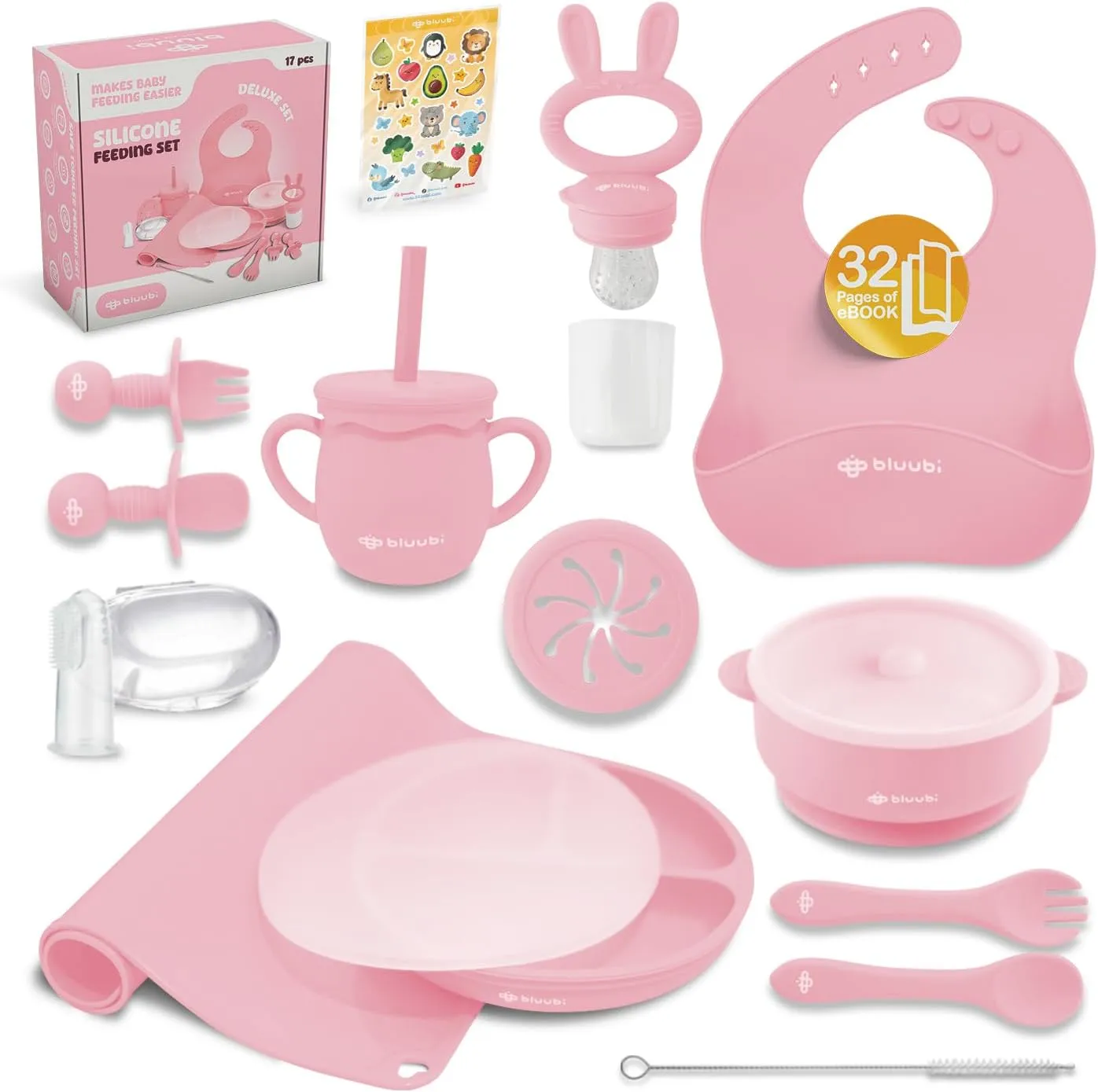 Silicone Baby Feeding Set - Infant Tableware for First Foods & Baby, Led Weaning (0  Months), Easy to Clean, Durable, Perfect for Baby Boy or Girl, Solid Feeding - Pink - Deluxe