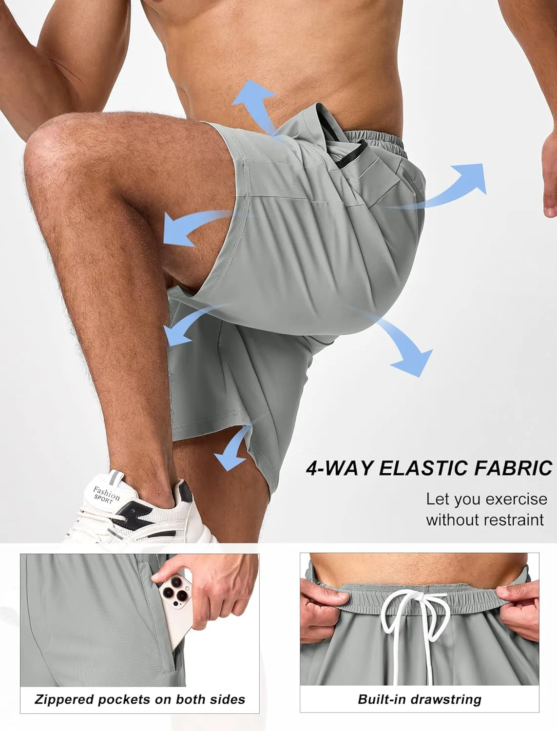 SILKWORLD Men's Quick Dry Athletic Running Shorts with Zipper Pockets 7" Stretch Gym Workout Training Shorts