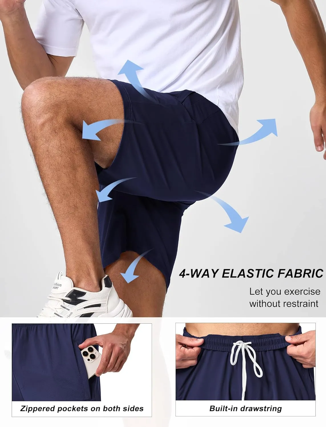 SILKWORLD Men's Quick Dry Athletic Running Shorts with Zipper Pockets 7" Stretch Gym Workout Training Shorts