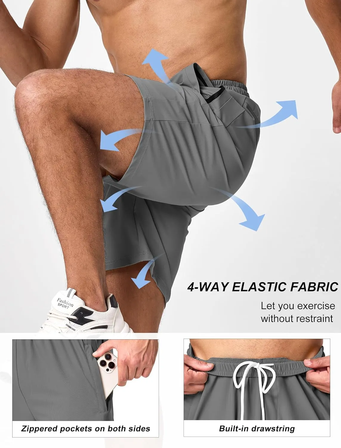 SILKWORLD Men's Quick Dry Athletic Running Shorts with Zipper Pockets 7" Stretch Gym Workout Training Shorts