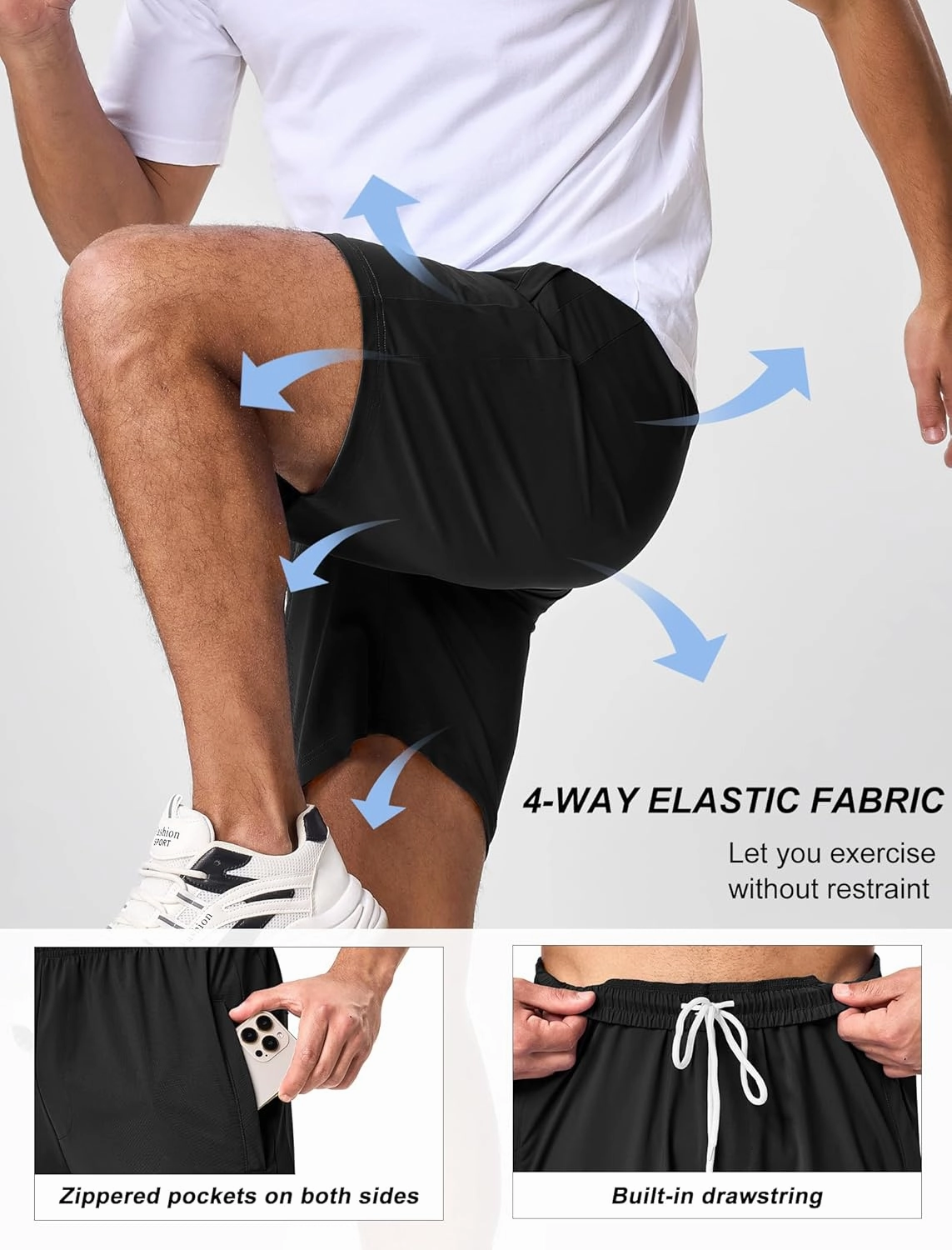 SILKWORLD Men's Quick Dry Athletic Running Shorts with Zipper Pockets 7" Stretch Gym Workout Training Shorts