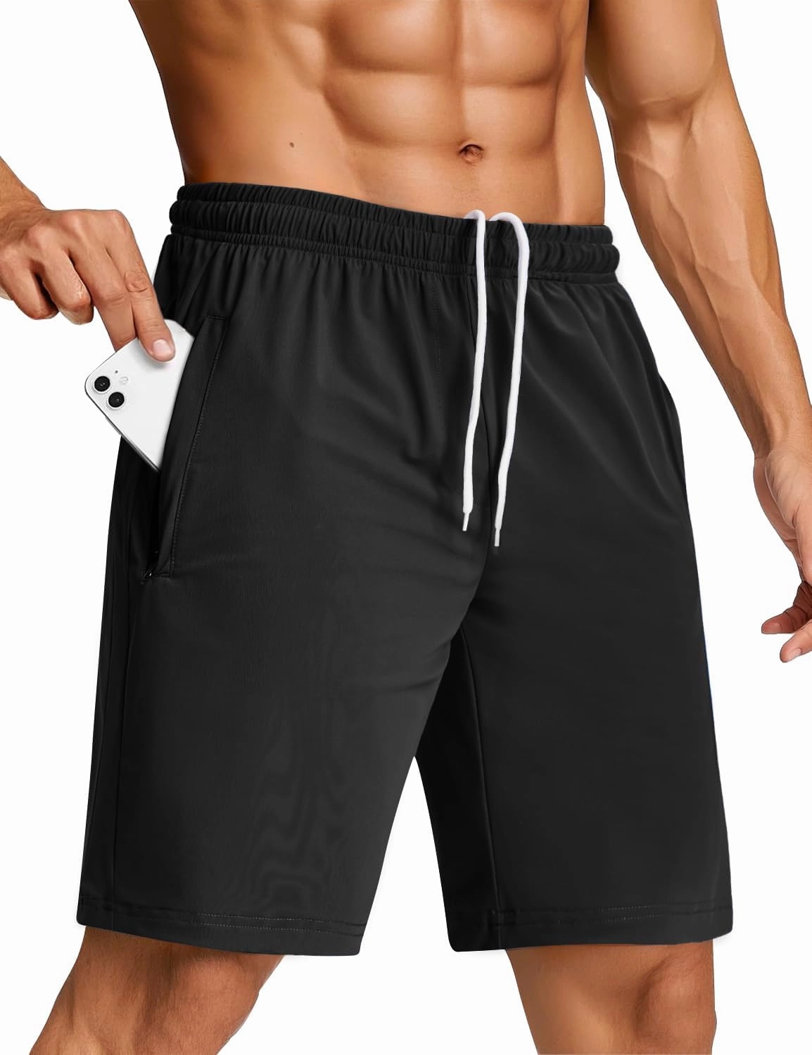 SILKWORLD Men's Quick Dry Athletic Running Shorts with Zipper Pockets 7" Stretch Gym Workout Training Shorts