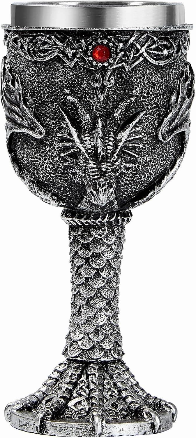 Silver Dragon Goblet,Medieval Stainless Steel Dungeons and Dragons Chalice. Dragon Gift Collectible