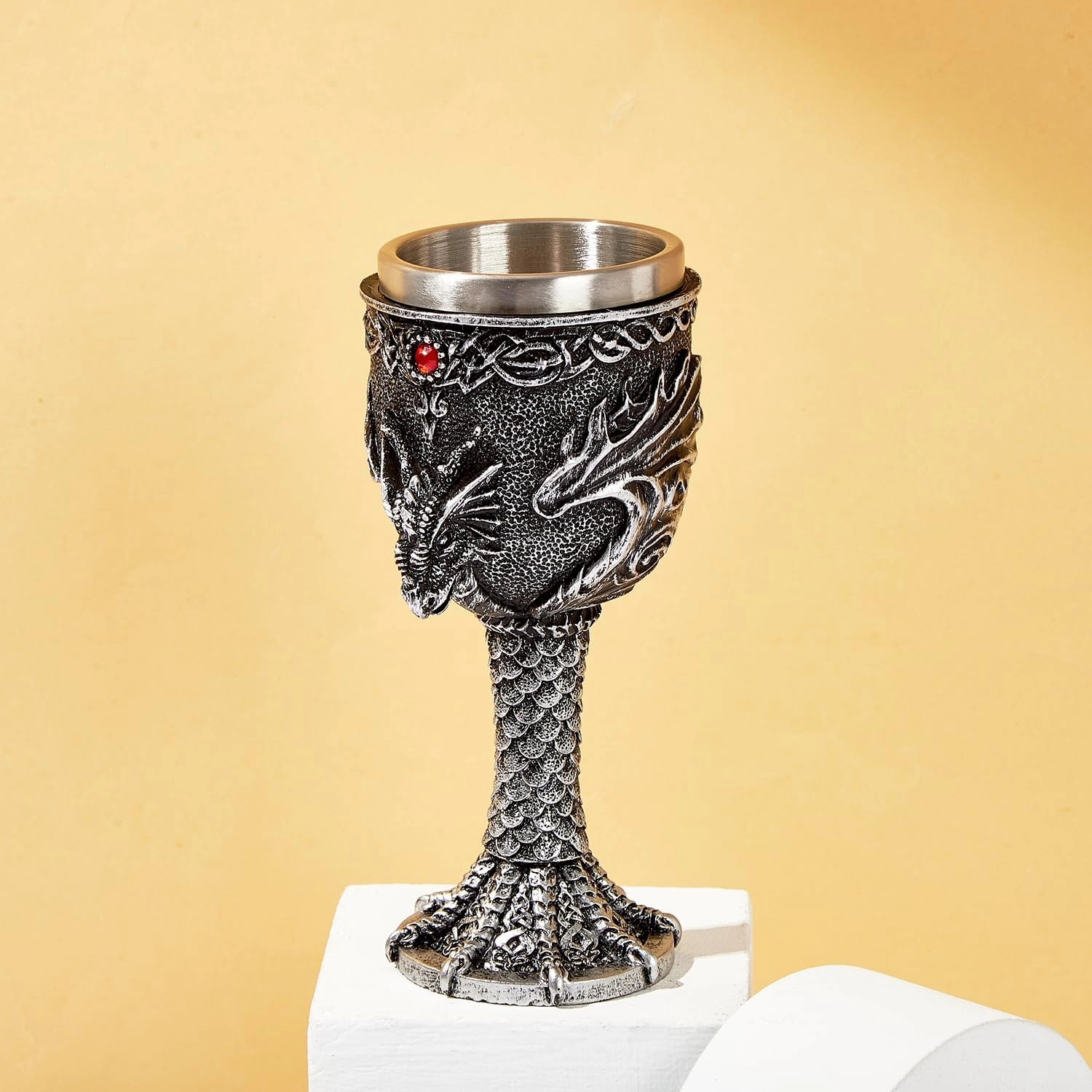 Silver Dragon Goblet,Medieval Stainless Steel Dungeons and Dragons Chalice. Dragon Gift Collectible