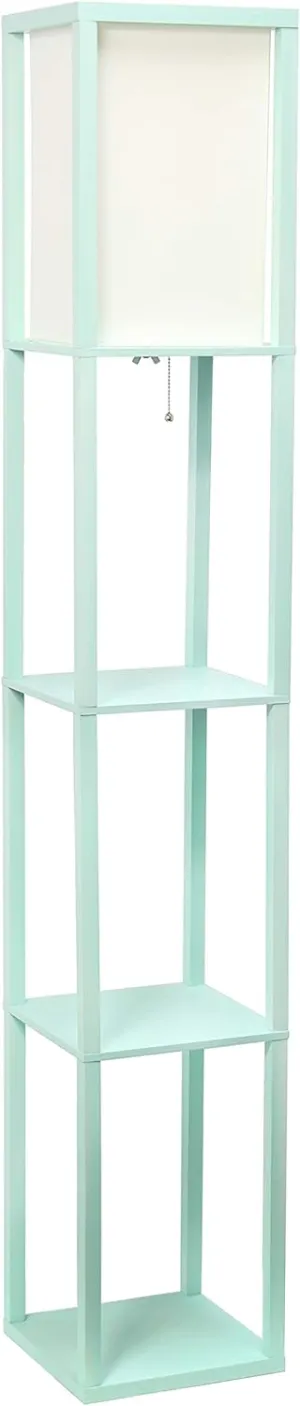 Simple Designs LF1014-WHT Etagere Organizer Storage Shelf Linen Shade Floor Lamp, White