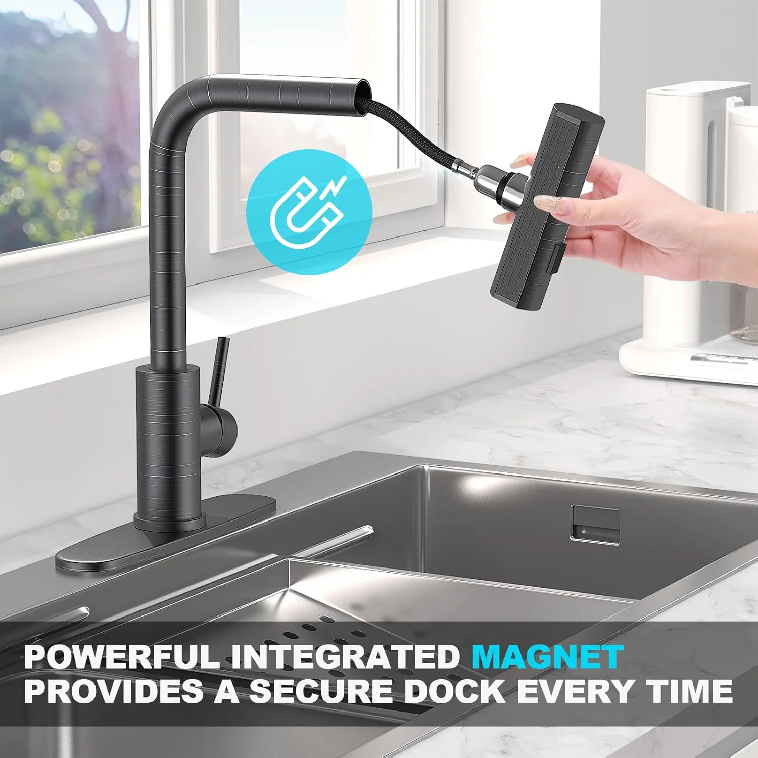 Single Hole Kitchen Faucets with Pull Down Sprayer, Single Handle, Oil Rubbed Bronze, Pull Out Tap, Stainless Steel Waterfall Sink Faucet, Suitable for Farmhouse Camper Laundry Rv Bar