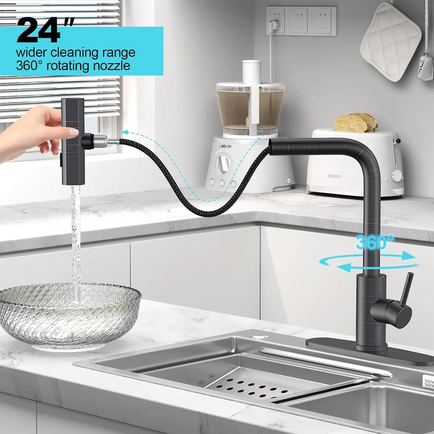 Single Hole Kitchen Faucets with Pull Down Sprayer, Single Handle, Oil Rubbed Bronze, Pull Out Tap, Stainless Steel Waterfall Sink Faucet, Suitable for Farmhouse Camper Laundry Rv Bar