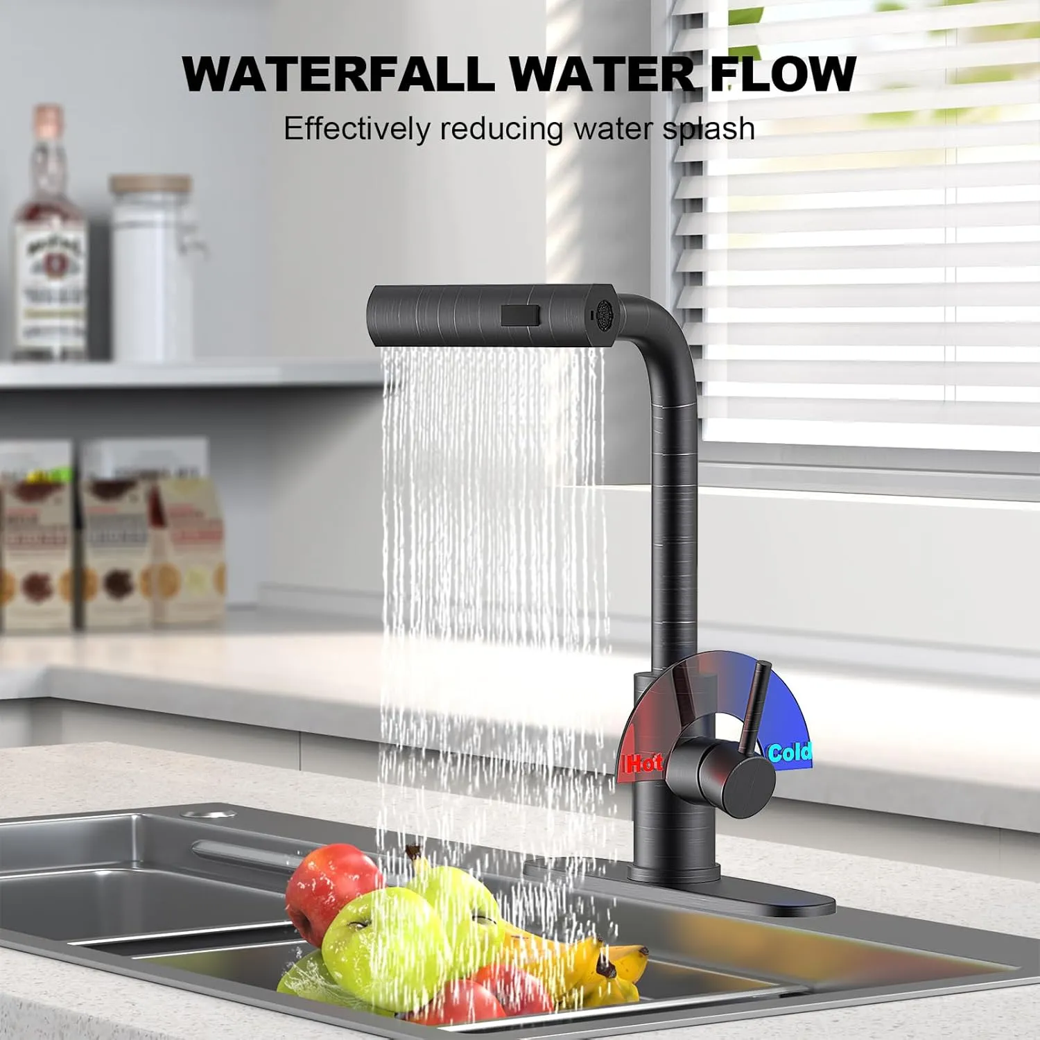 Single Hole Kitchen Faucets with Pull Down Sprayer, Single Handle, Oil Rubbed Bronze, Pull Out Tap, Stainless Steel Waterfall Sink Faucet, Suitable for Farmhouse Camper Laundry Rv Bar