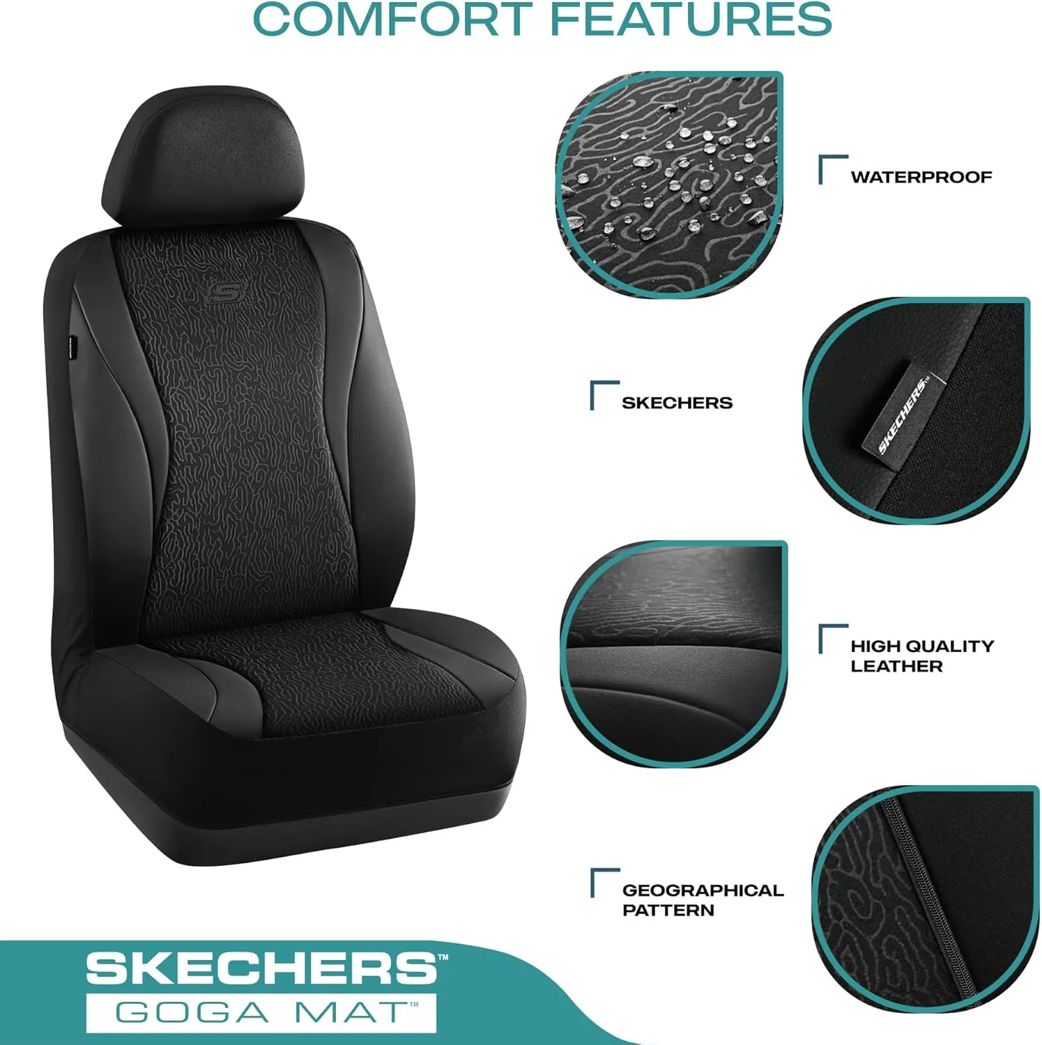Skechers Car Seat Covers,Leather Seat Covers with GOGA Mat Technology,Waterproof Car Seat Covers Full Sets,Airbag Compatible,Comfort Universal Fit for Most Cars,Vans,Trucks,SUVs,Black