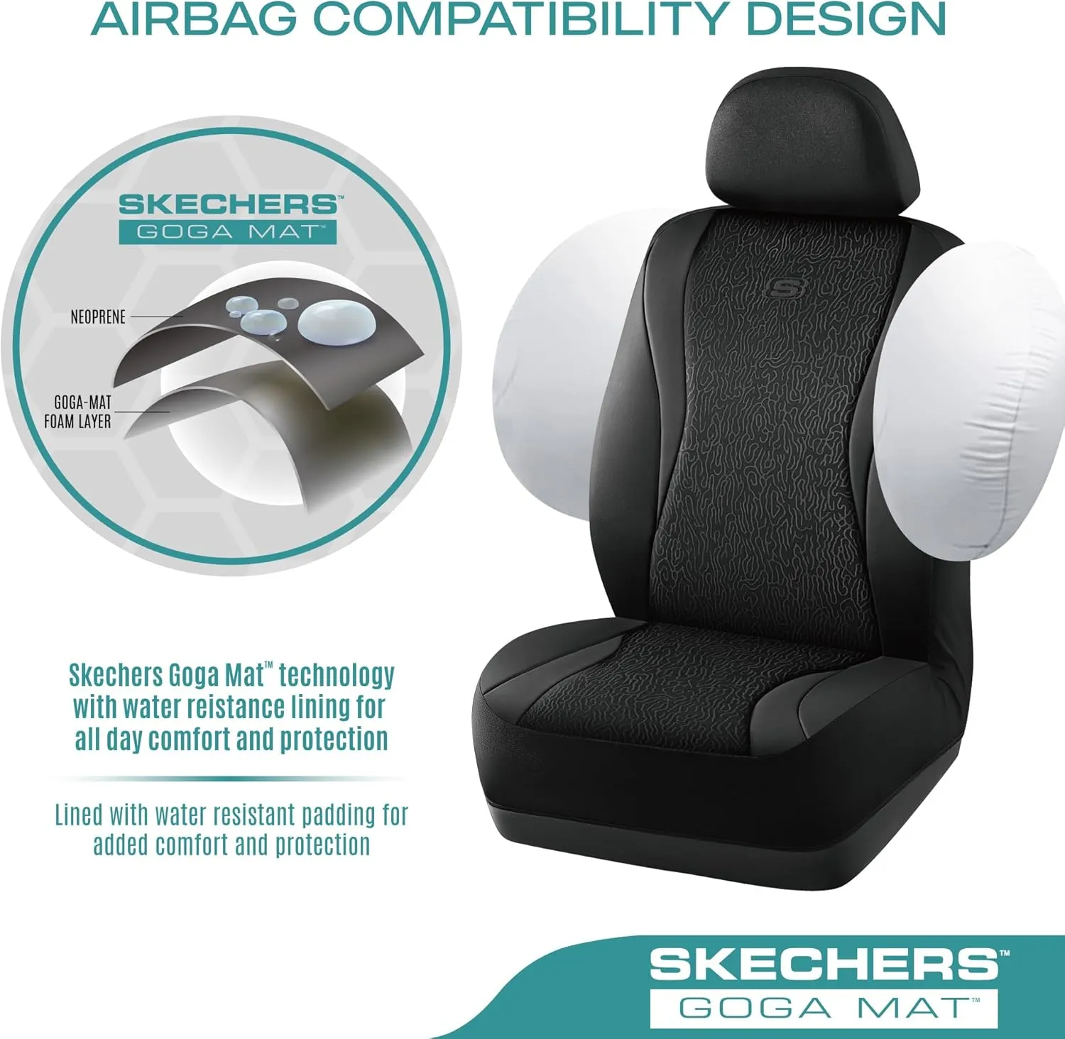 Skechers Car Seat Covers,Leather Seat Covers with GOGA Mat Technology,Waterproof Car Seat Covers Full Sets,Airbag Compatible,Comfort Universal Fit for Most Cars,Vans,Trucks,SUVs,Black