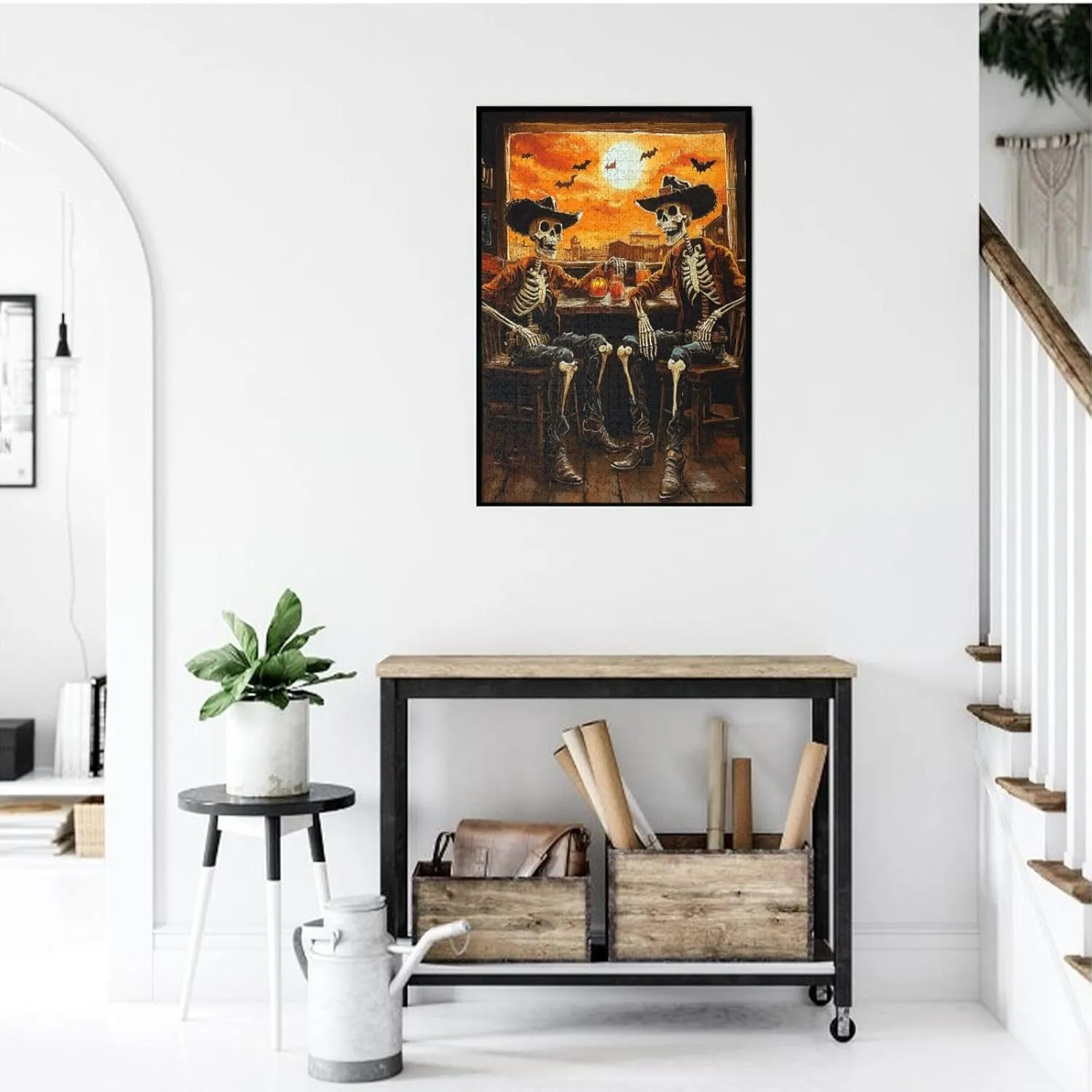 Skeletal Partying at Sunset Drinks Table,1000 Piece Wooden Puzzle for Adults,Macabre Desert Happy Hour Artwork,Brain Training Challenge,Stress Relief Activity,Eco-Friendly Pieces