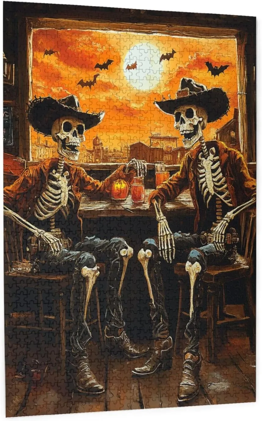 Skeletal Partying at Sunset Drinks Table,1000 Piece Wooden Puzzle for Adults,Macabre Desert Happy Hour Artwork,Brain Training Challenge,Stress Relief Activity,Eco-Friendly Pieces