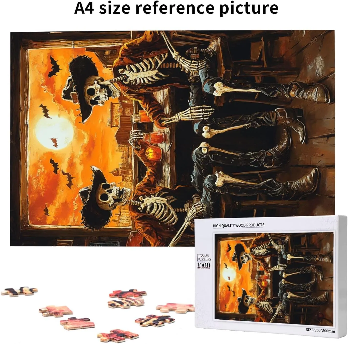 Skeletal Partying at Sunset Drinks Table,1000 Piece Wooden Puzzle for Adults,Macabre Desert Happy Hour Artwork,Brain Training Challenge,Stress Relief Activity,Eco-Friendly Pieces