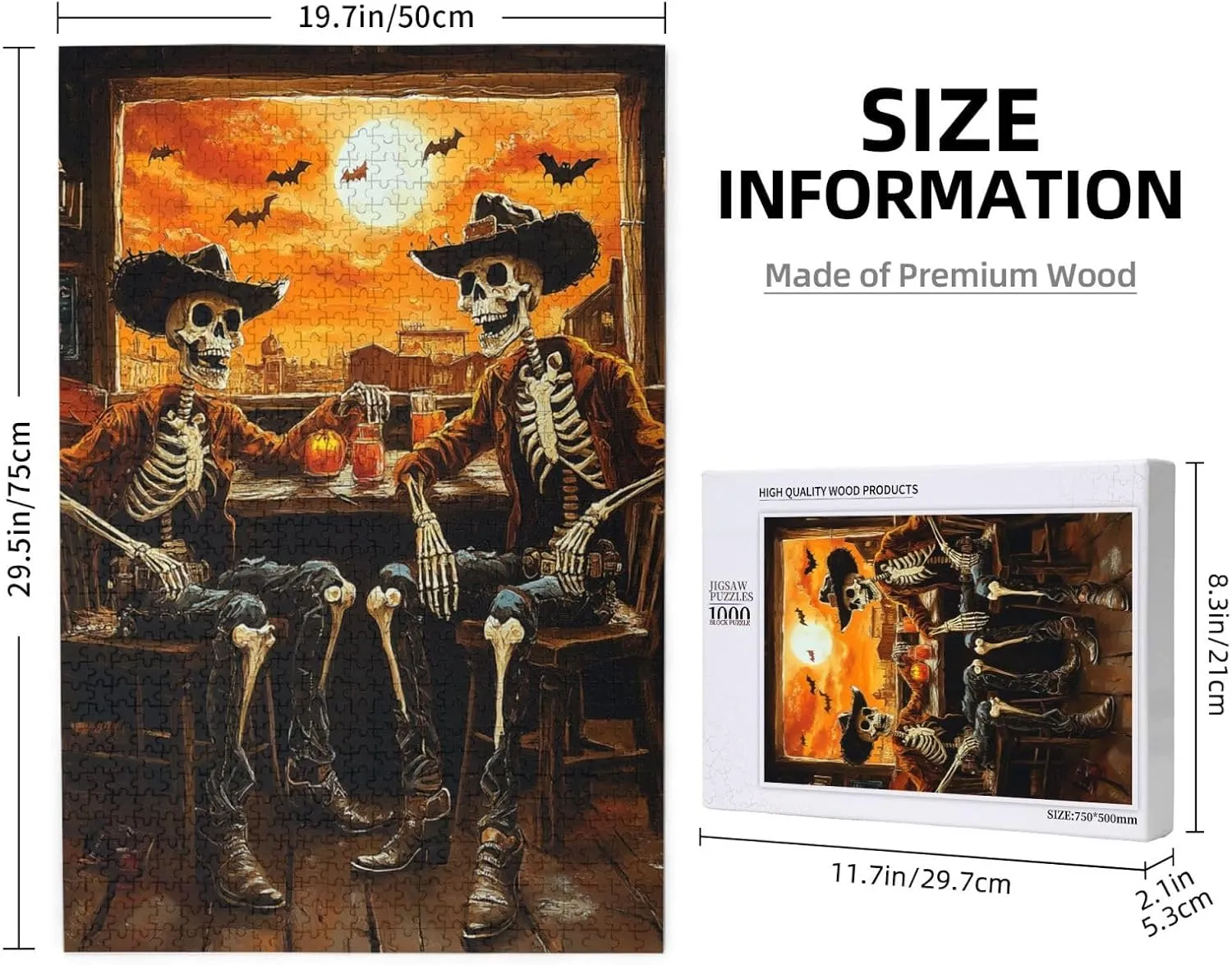 Skeletal Partying at Sunset Drinks Table,1000 Piece Wooden Puzzle for Adults,Macabre Desert Happy Hour Artwork,Brain Training Challenge,Stress Relief Activity,Eco-Friendly Pieces