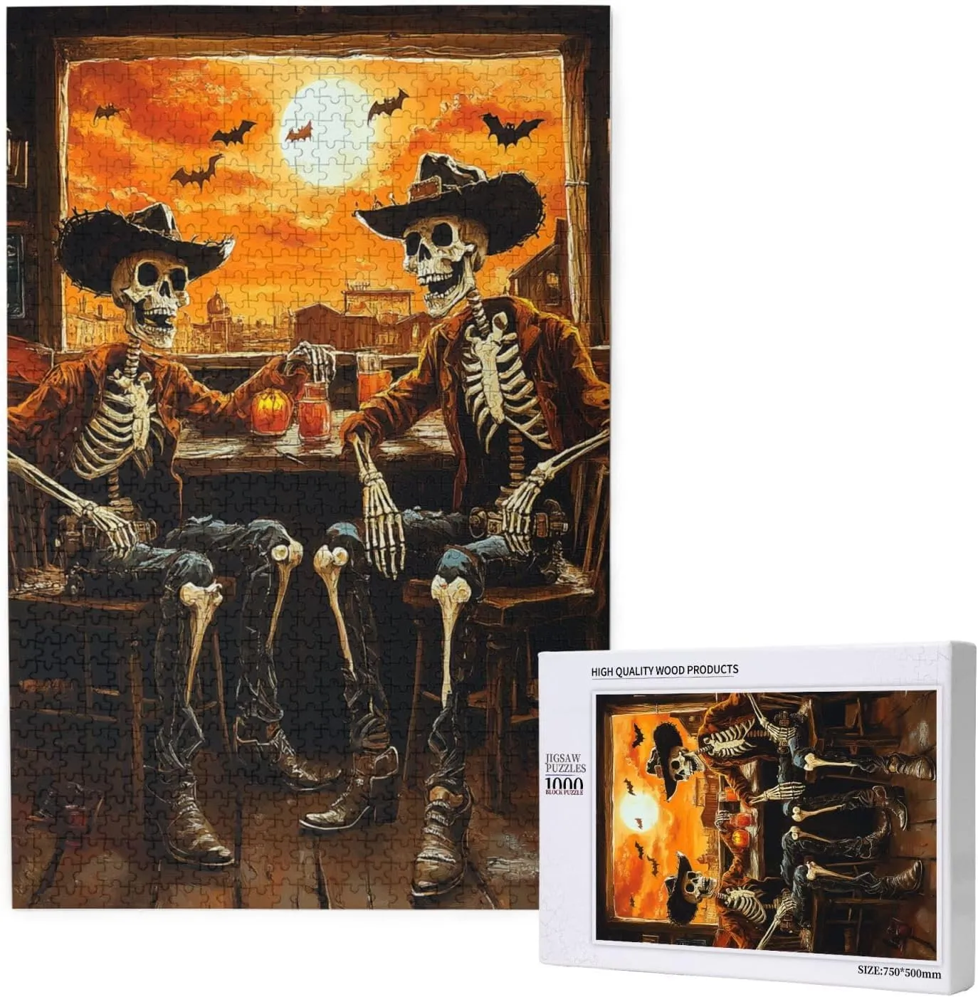 Skeletal Partying at Sunset Drinks Table,1000 Piece Wooden Puzzle for Adults,Macabre Desert Happy Hour Artwork,Brain Training Challenge,Stress Relief Activity,Eco-Friendly Pieces