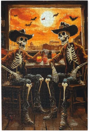 Skeletal Partying at Sunset Drinks Table,1000 Piece Wooden Puzzle for Adults,Macabre Desert Happy Hour Artwork,Brain Training Challenge,Stress Relief Activity,Eco-Friendly Pieces
