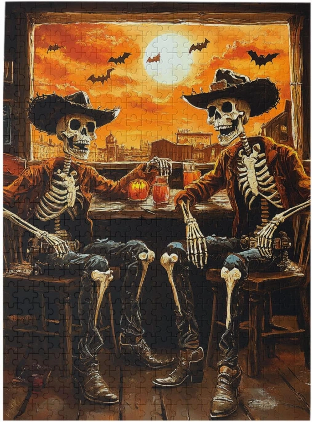 Skeletal Partying at Sunset Drinks Table,500 Piece Wooden Puzzle for Adults,Macabre Desert Happy Hour Artwork,Brain Training Challenge,Stress Relief Activity,Eco-Friendly Pieces