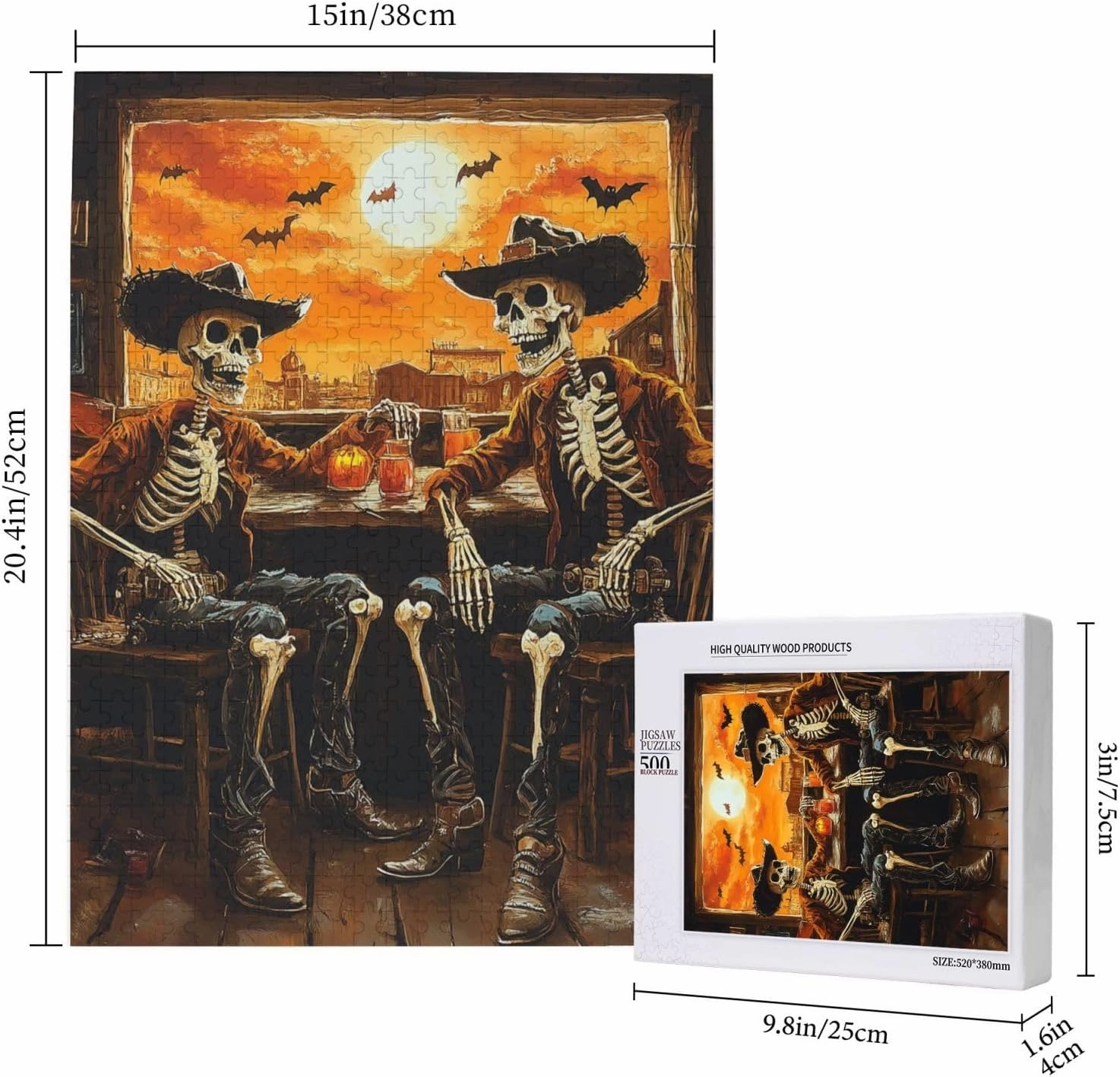 Skeletal Partying at Sunset Drinks Table,500 Piece Wooden Puzzle for Adults,Macabre Desert Happy Hour Artwork,Brain Training Challenge,Stress Relief Activity,Eco-Friendly Pieces