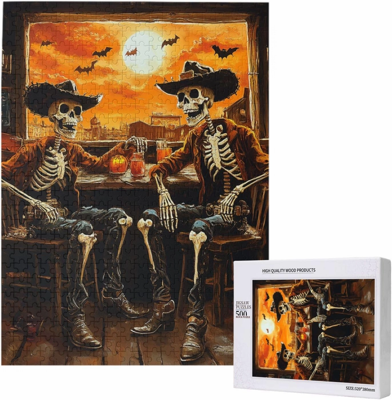 Skeletal Partying at Sunset Drinks Table,500 Piece Wooden Puzzle for Adults,Macabre Desert Happy Hour Artwork,Brain Training Challenge,Stress Relief Activity,Eco-Friendly Pieces