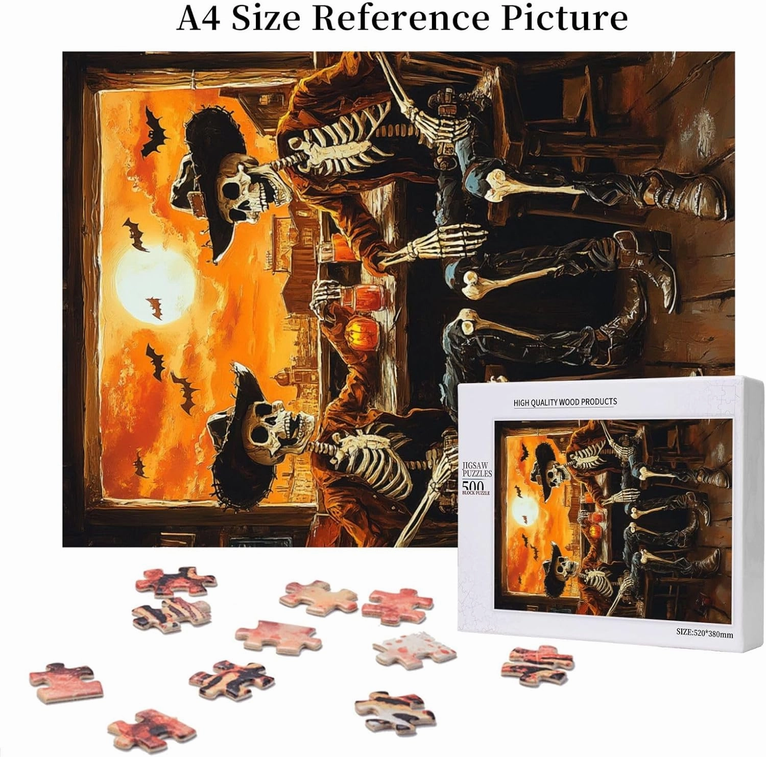 Skeletal Partying at Sunset Drinks Table,500 Piece Wooden Puzzle for Adults,Macabre Desert Happy Hour Artwork,Brain Training Challenge,Stress Relief Activity,Eco-Friendly Pieces