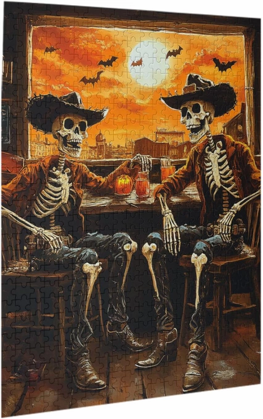 Skeletal Partying at Sunset Drinks Table,500 Piece Wooden Puzzle for Adults,Macabre Desert Happy Hour Artwork,Brain Training Challenge,Stress Relief Activity,Eco-Friendly Pieces