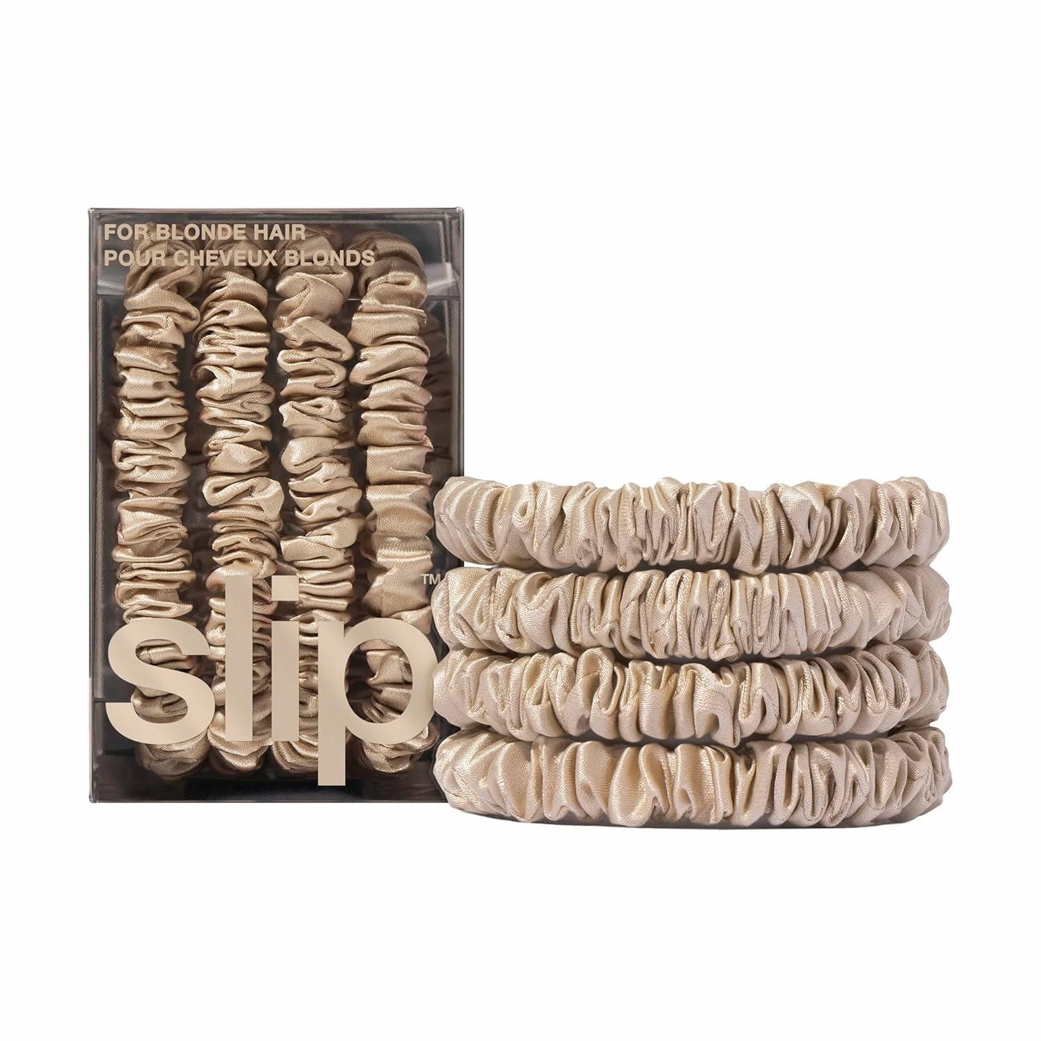 slip Silk Skinny Scrunchies - Blonde | Set of 4 Skinny Scrunchies | 100% Mulberry Silk, Anti-Crease, Gentle on Hair, Reduces Breakage | Stylish, Durable, Ideal for All Hair Types