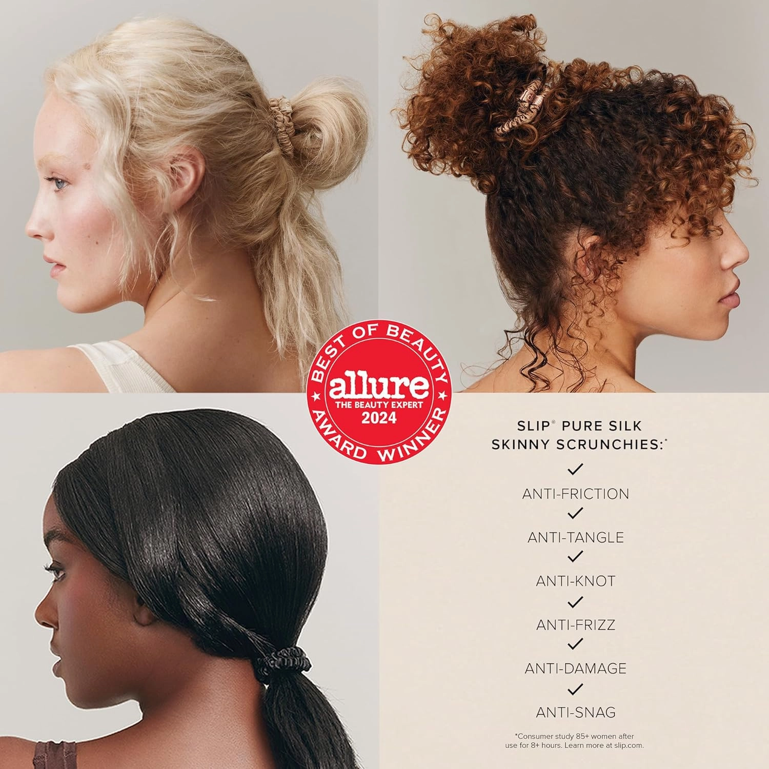 slip Silk Skinny Scrunchies - Blonde | Set of 4 Skinny Scrunchies | 100% Mulberry Silk, Anti-Crease, Gentle on Hair, Reduces Breakage | Stylish, Durable, Ideal for All Hair Types