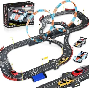 Slot Car Race Track Sets with 4 Slot Cars, 2 in 1 Electric Race Cars Track ,Battery or Electric Car Tracks,Dual Racing Game Lap Counter Circular Overpass Track, Gift Toy for Boys Kids Ages 6 7 8-12