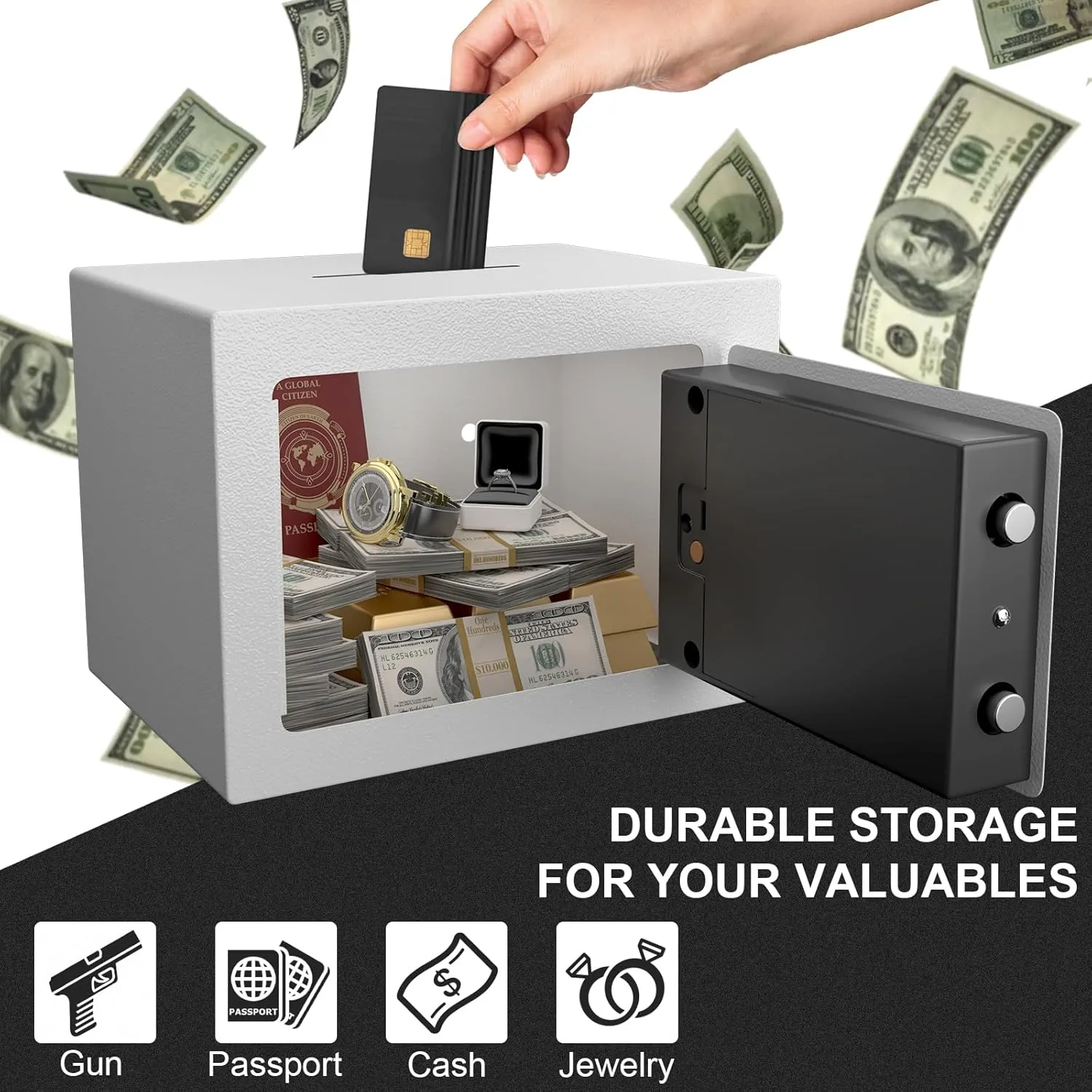 Small Safes for Home, Hotel Fire Safe, 0.23 Cubic Feet Personal Box for Money, Home Safes Water and Fireproof, Fireproof Safe for Cash, Digital Wall Safes for Office, Business