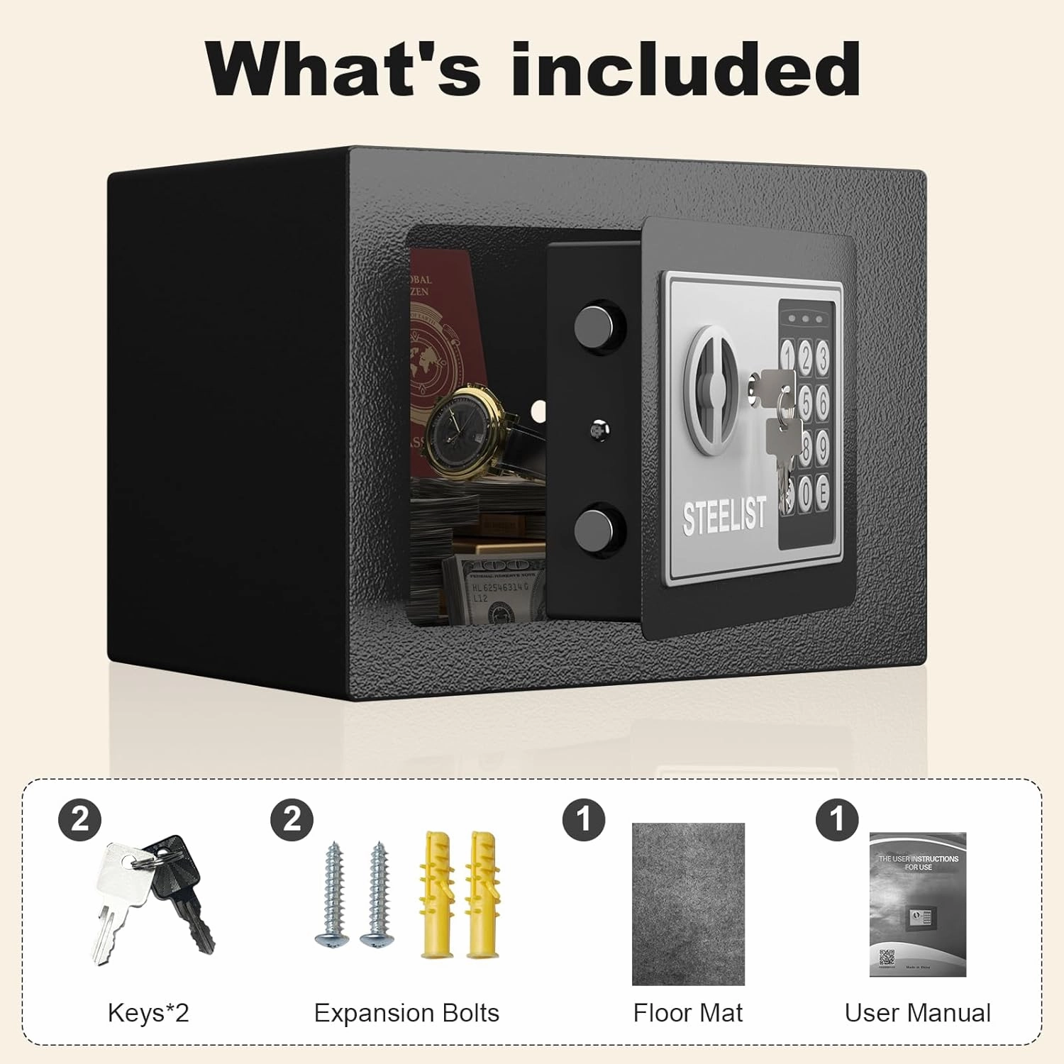 Small Safes for Home, 0.23 Cubic Fireproof Safe with Code, Safety Box with Key, Black Digital Security Safes, Fire Proof Safe for Jewelry, Cash, Personal Box for Home, Hotel or Business