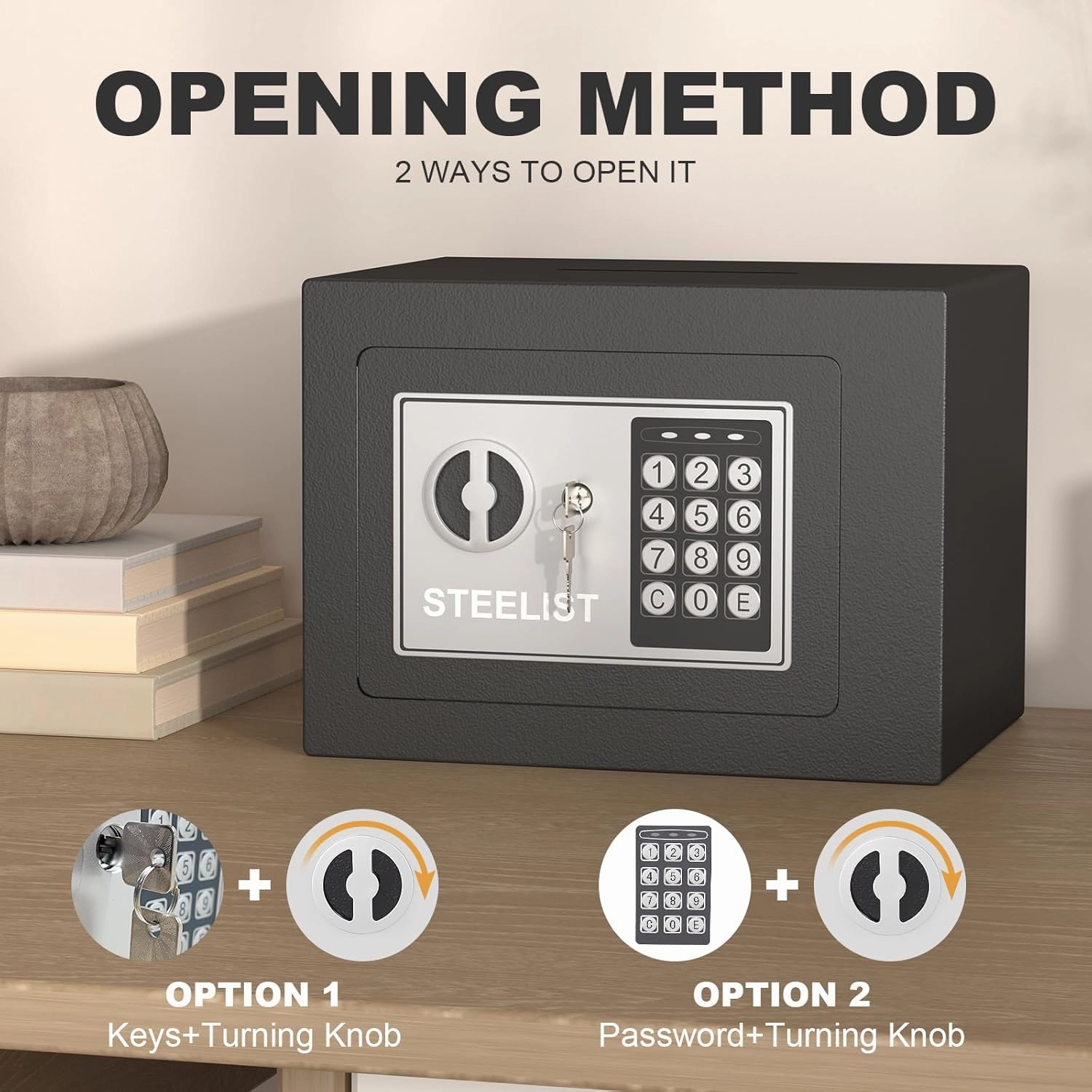 Small Safes for Home, 0.23 Cubic Fireproof Safe with Code, Safety Box with Key, Black Digital Security Safes, Fire Proof Safe for Jewelry, Cash, Personal Box for Home, Hotel or Business