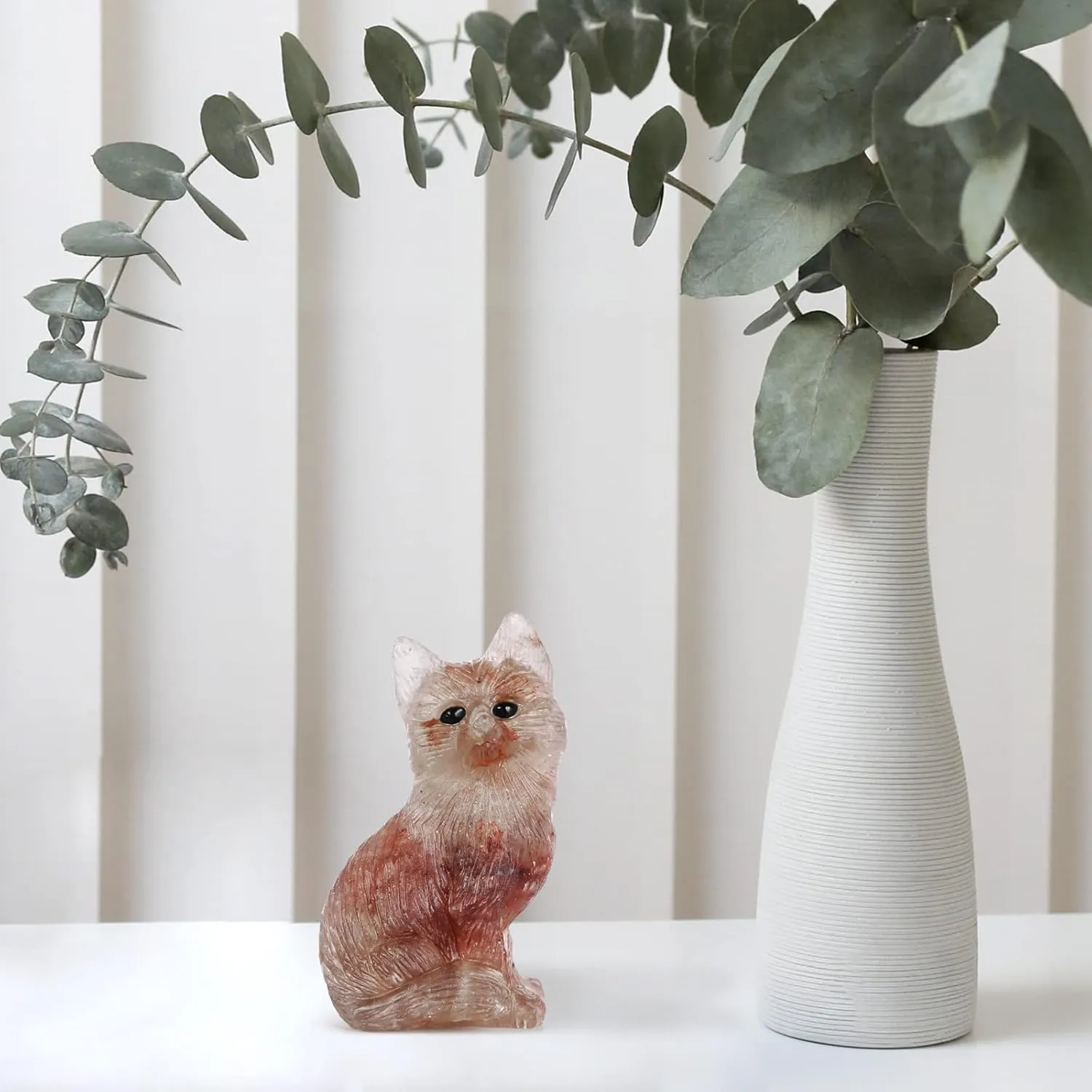 SMQ 2.4" Strawberry Quartz Crystal Fox Statues and Figurines Hand Carved Gemstone Fox Animal Carvings Collectible Healing Crystal Stones Sculpture for Home Garden Decor