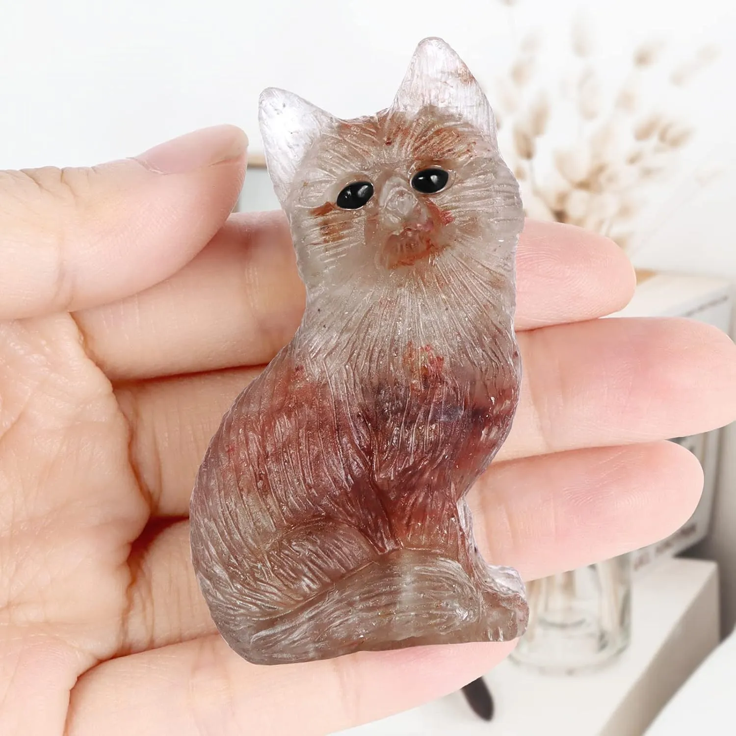 SMQ 2.4" Strawberry Quartz Crystal Fox Statues and Figurines Hand Carved Gemstone Fox Animal Carvings Collectible Healing Crystal Stones Sculpture for Home Garden Decor