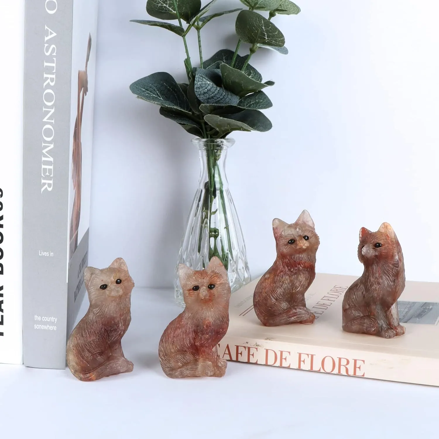 SMQ 2.4" Strawberry Quartz Crystal Fox Statues and Figurines Hand Carved Gemstone Fox Animal Carvings Collectible Healing Crystal Stones Sculpture for Home Garden Decor