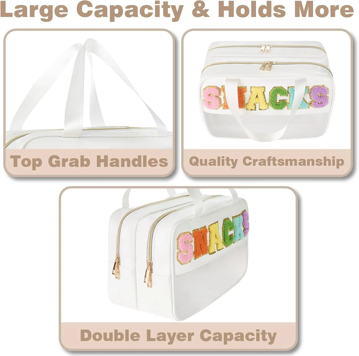 Snack Bags for Travel Varsity Letter Pouch Clear Toiletry Bag Snacks Bag Pouch, Preppy Clear Cosmetic Bag, Large Travel Bags for Women