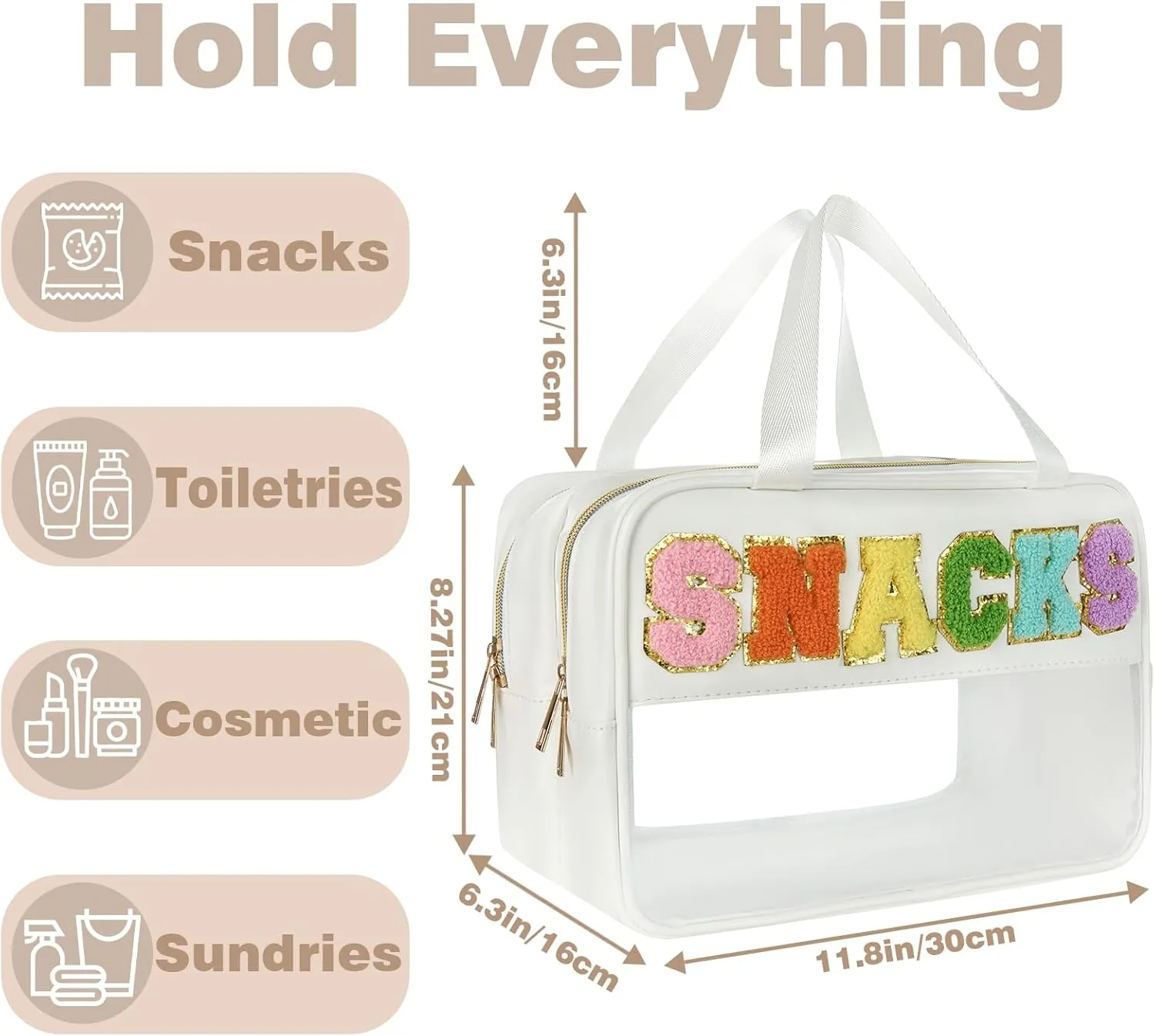 Snack Bags for Travel Varsity Letter Pouch Clear Toiletry Bag Snacks Bag Pouch, Preppy Clear Cosmetic Bag, Large Travel Bags for Women