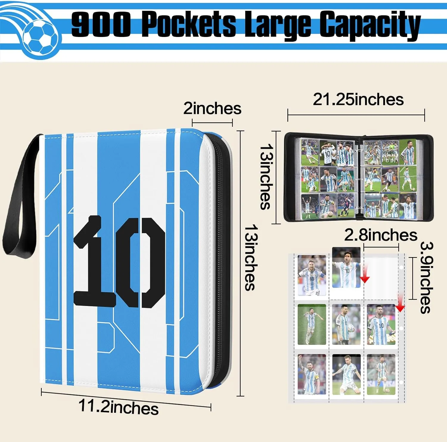 Soccer Card Binder 9 Pocket Gifts for Boys Girls, Waterproof 900 Pockets Card Holder Album with 50 Removable Sleeves for Trading Card - Binder Display Storage Carrying Case for Soccer Cards
